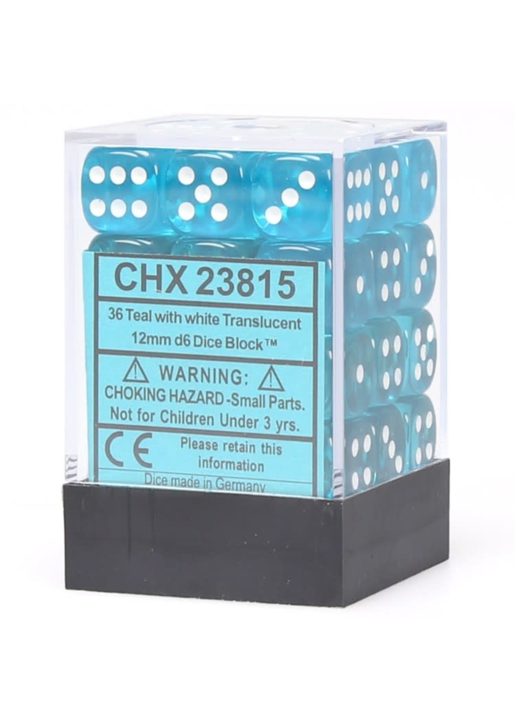 Chessex d6 Cube 12mm Translucent Teal w/ White (36)