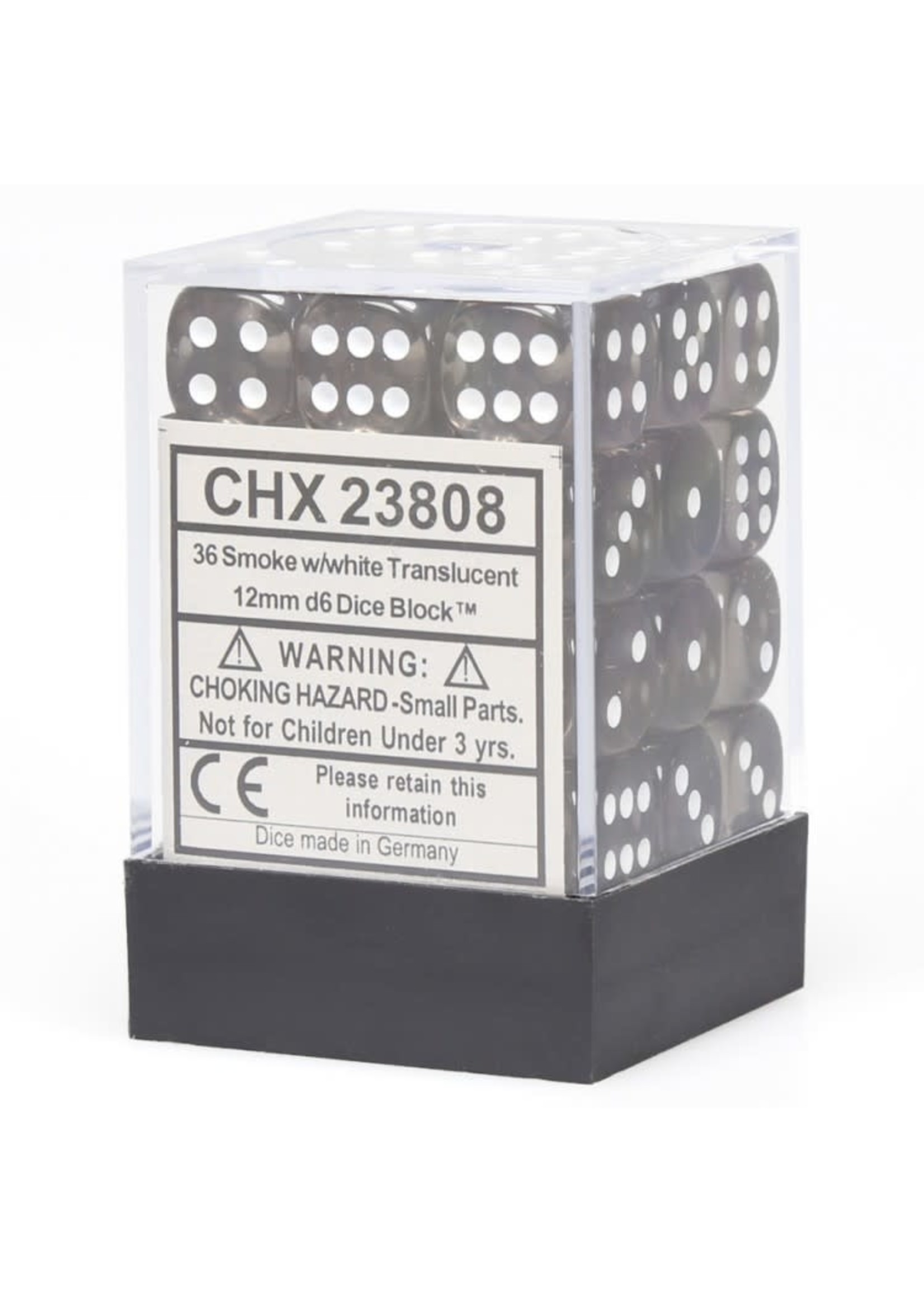 Chessex d6 Cube 12mm Translucent Smoke w/ White (36)