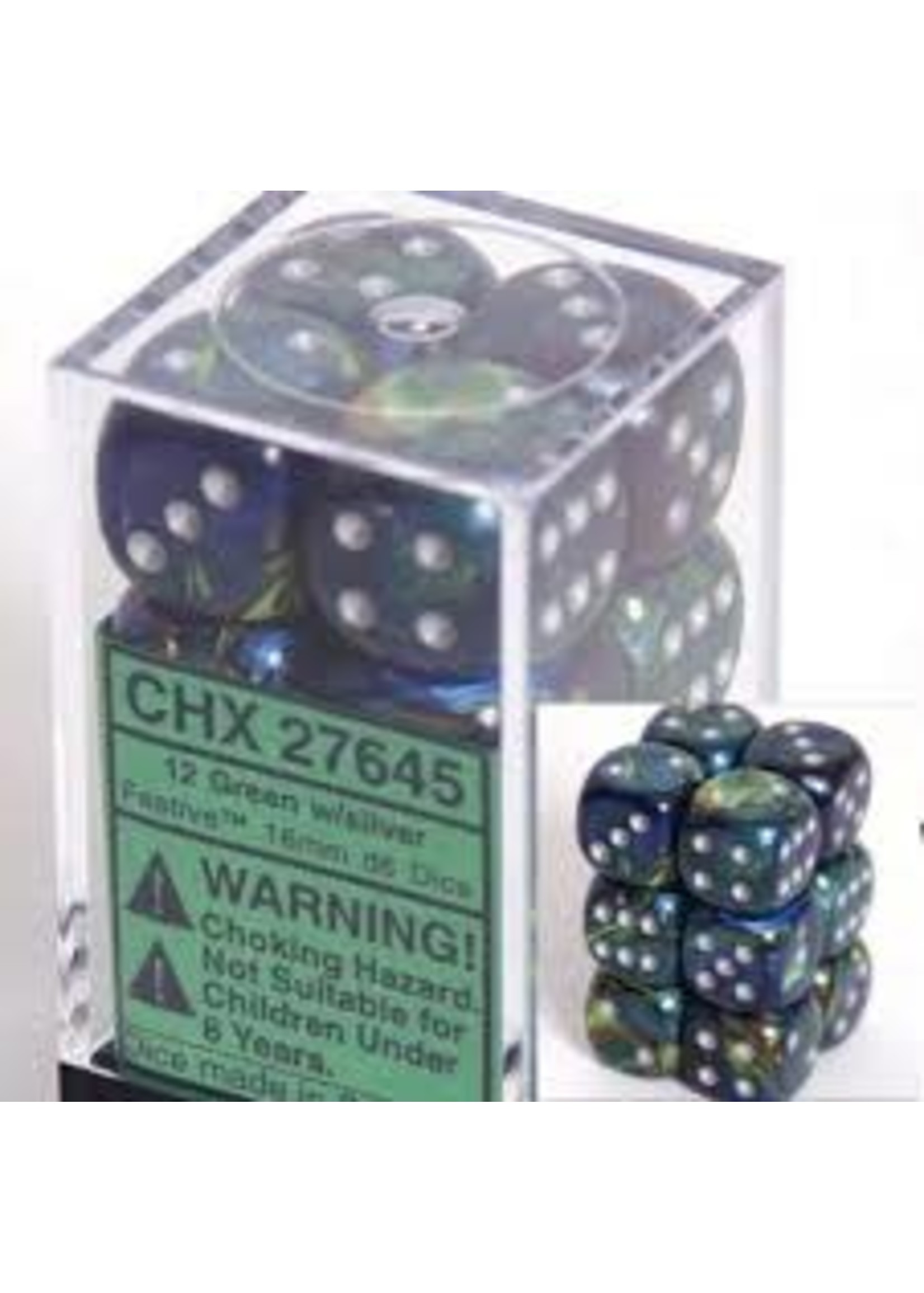 Chessex d6 Cube 16mm Festive Green w/ Silver (12)