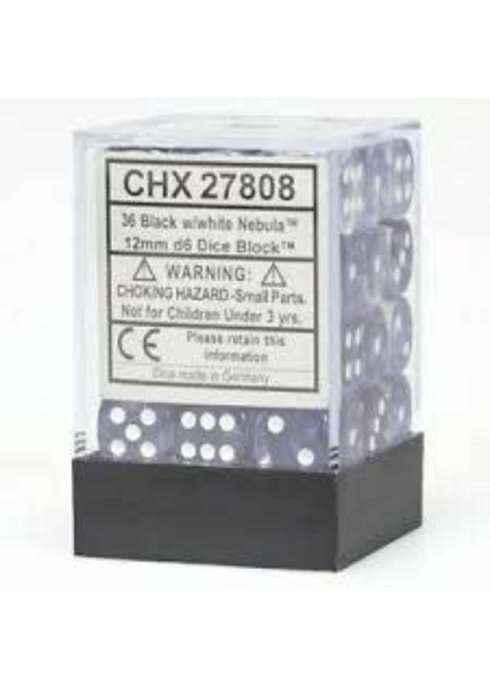 Chessex d6 Cube 12mm Nebula Black w/ White (36)