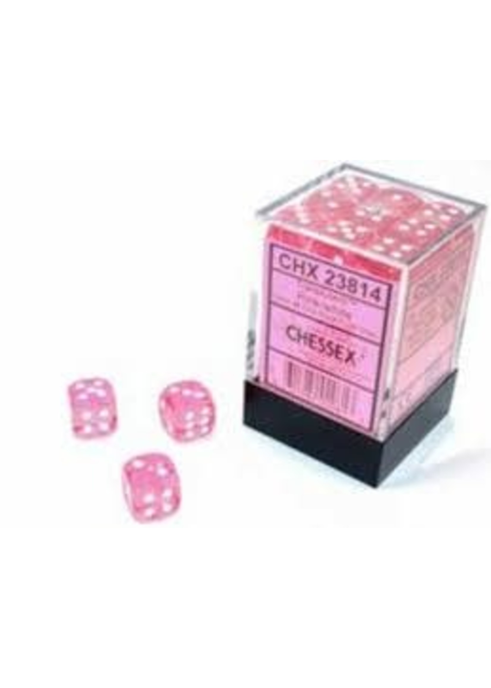 Chessex d6 Cube 12mm Translucent Pink w/ White (36)