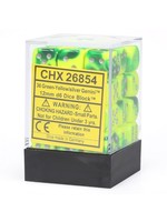 Chessex d6 Cube 12mm Gemini Green & Yellow w/ Silver (36)