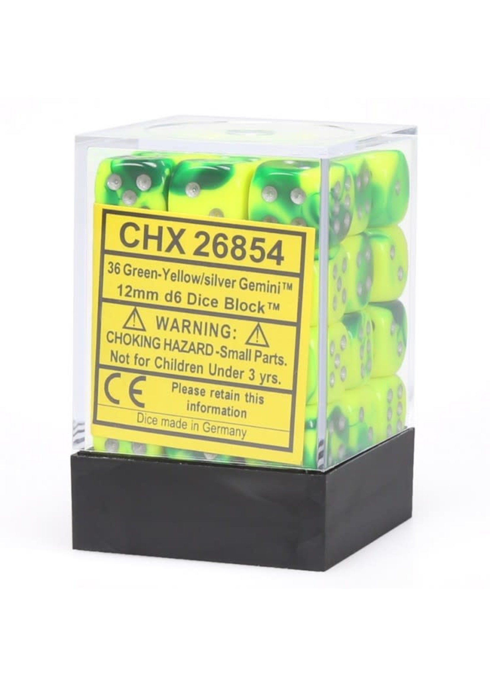 Chessex d6 Cube 12mm Gemini Green & Yellow w/ Silver (36)