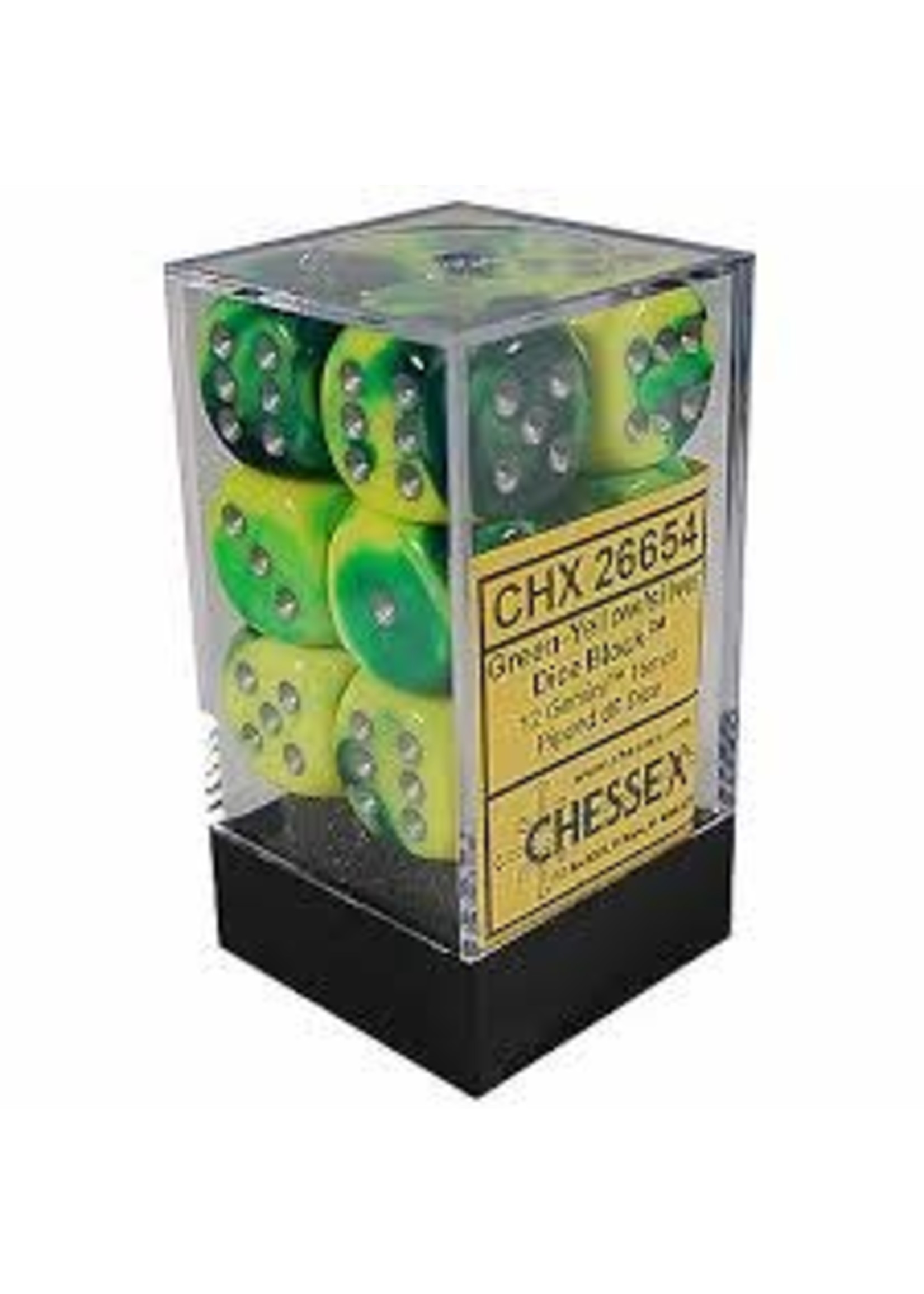 Chessex d6 Cube 16mm Gemini Green & Yellow w/ Silver (12)