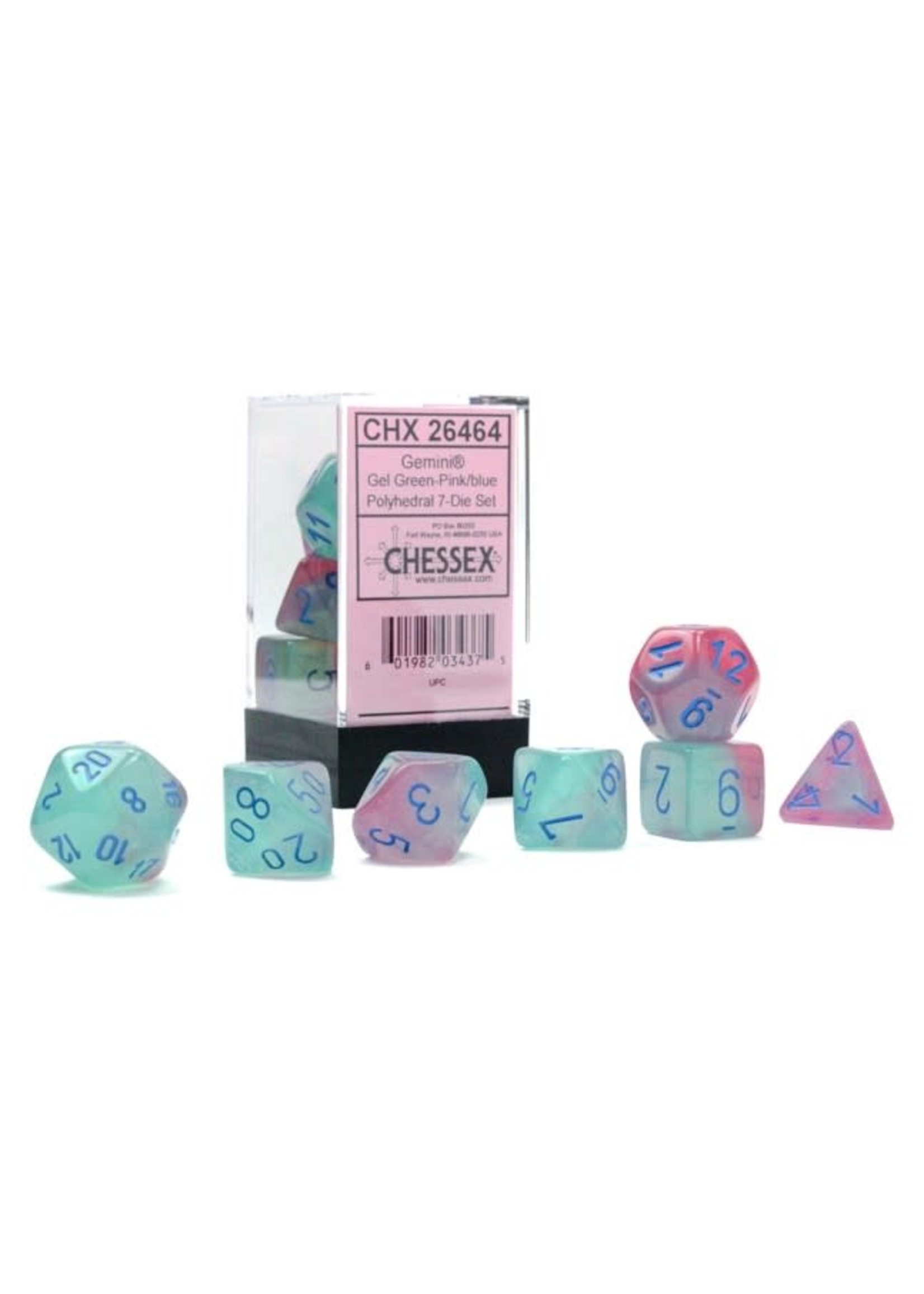 Chessex Gemini Luminary Poly 7 set: Gel Green & Pink w/ Blue