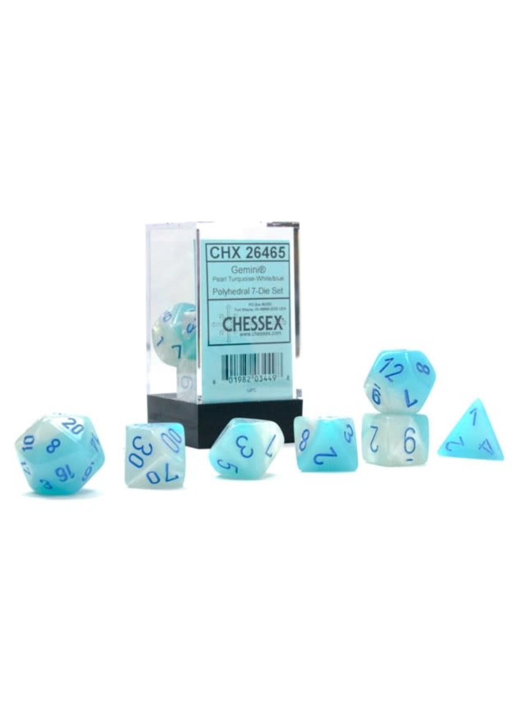 Chessex Gemini Luminary Poly 7 set: Pearl Turquoise & White w/ Blue