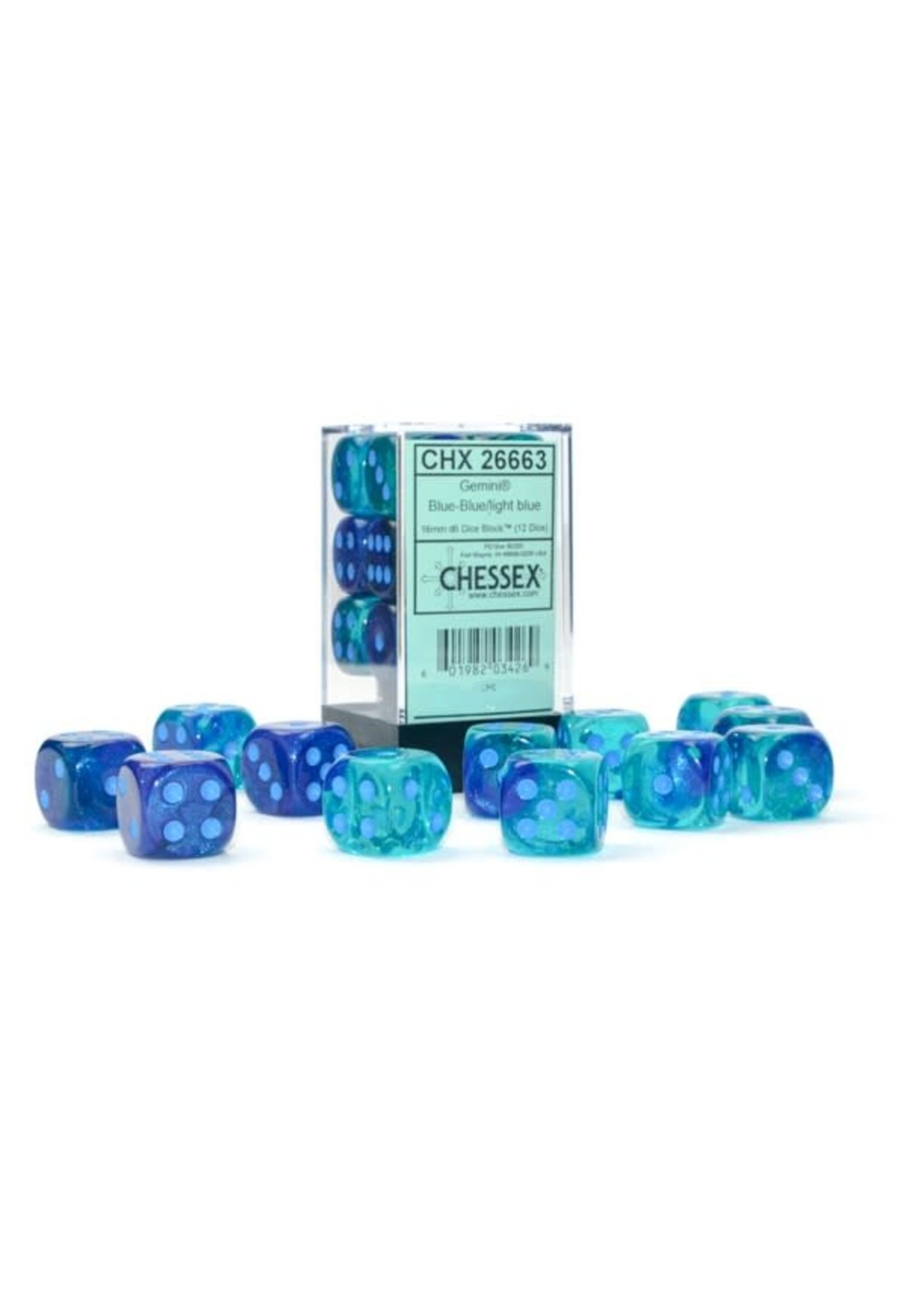 Chessex d6 Cube 16mm Gemini Luminary Blue & Blue w/ light blue (12)