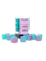 Chessex d6 Cube 16mm Gemini Luminary Gel Green & Pink w/ blue (12)