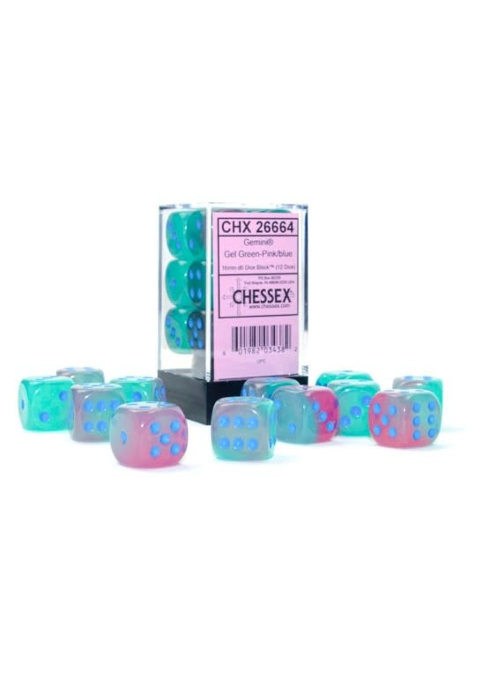 Chessex d6 Cube 16mm Gemini Luminary Gel Green & Pink w/ blue (12)