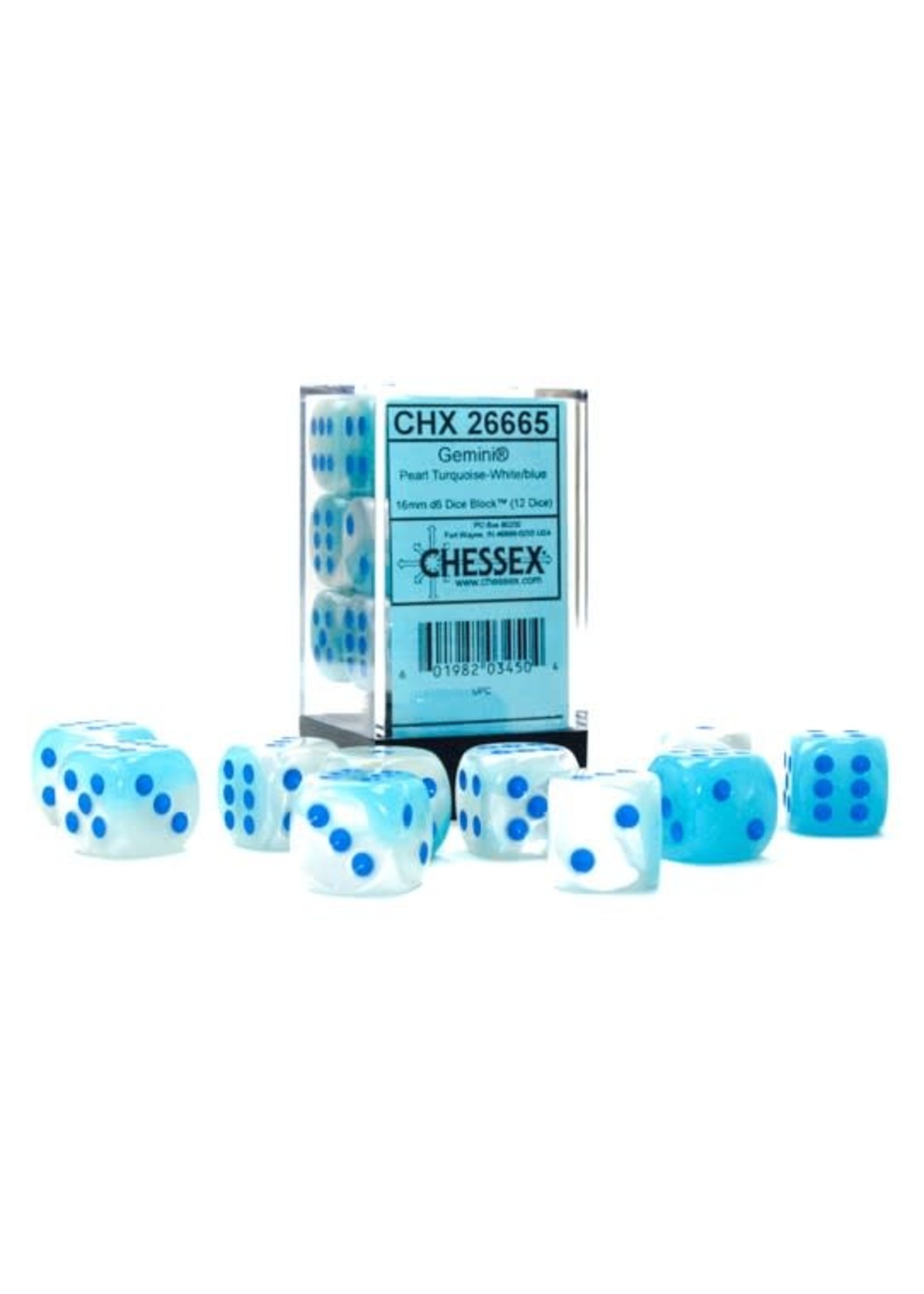 Chessex d6 Cube 16mm Gemini Luminary Pearl Turquoise & White w/ blue (12)