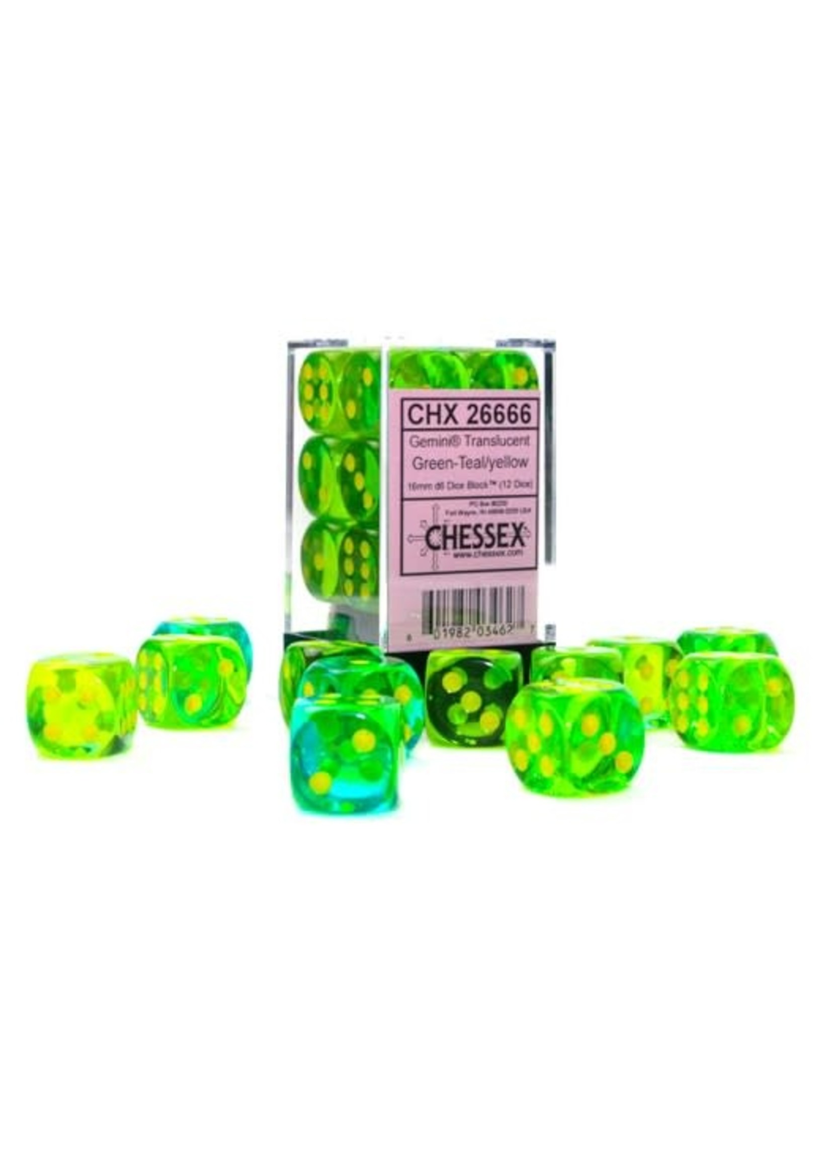 Chessex d6 Cube 16mm Gemini Translucent Green & Teal w/ yellow (12)
