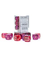 Chessex d6 Cube 16mm Gemini Translucent Red & Violet w/ gold (12)