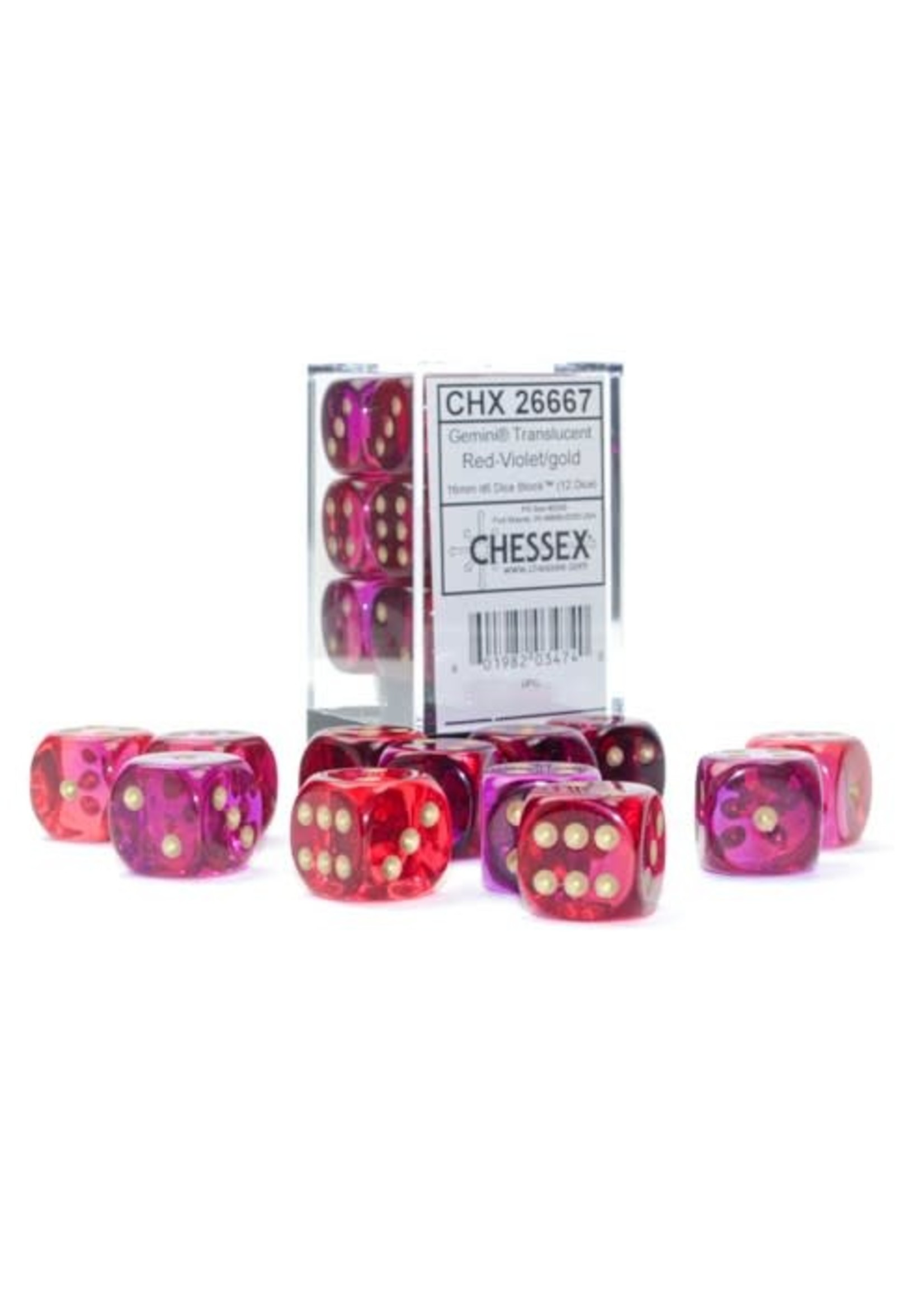 Chessex d6 Cube 16mm Gemini Translucent Red & Violet w/ gold (12)