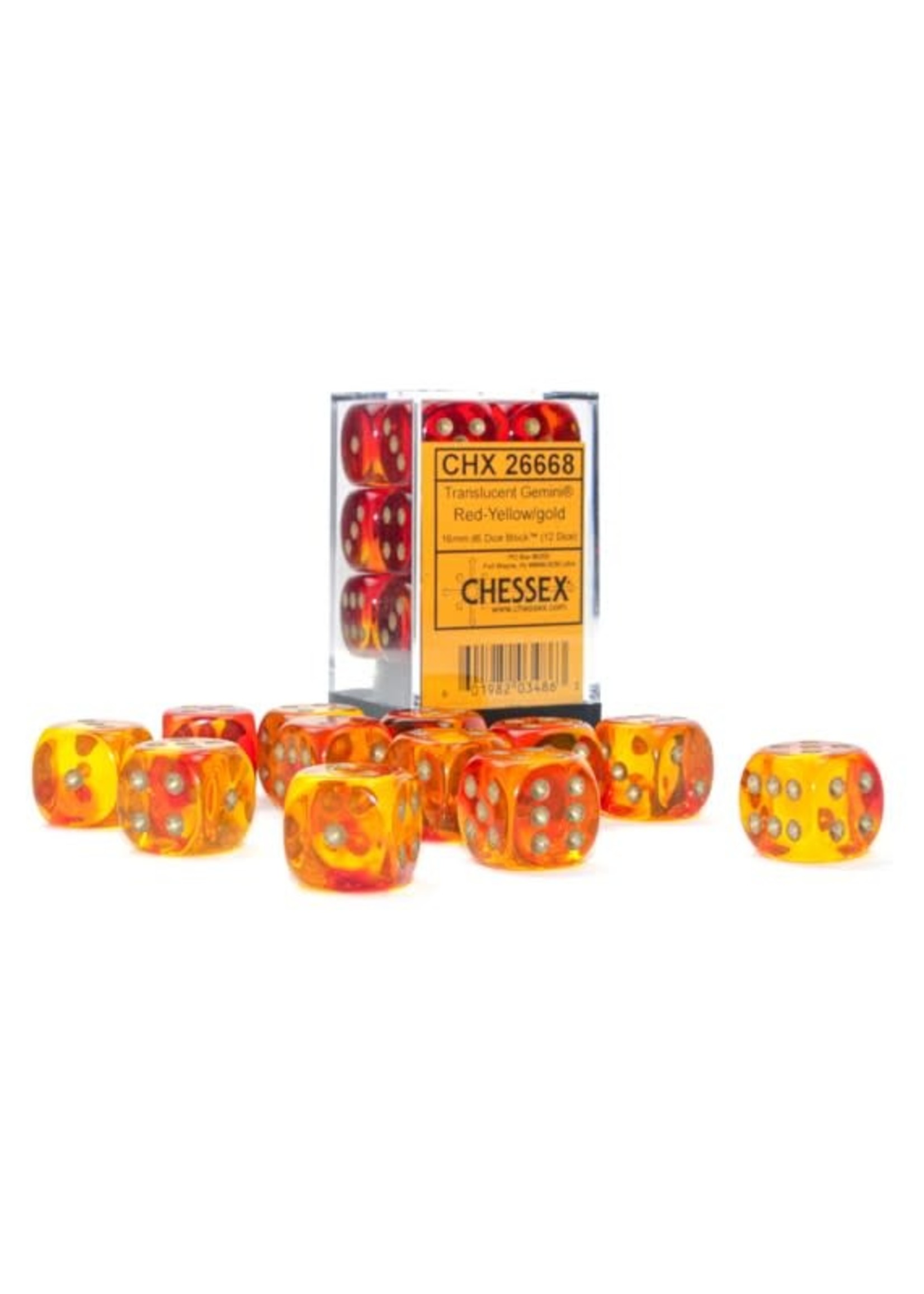 Chessex d6 Cube 16mm Gemini Translucent Red & Yellow w/ gold (12)