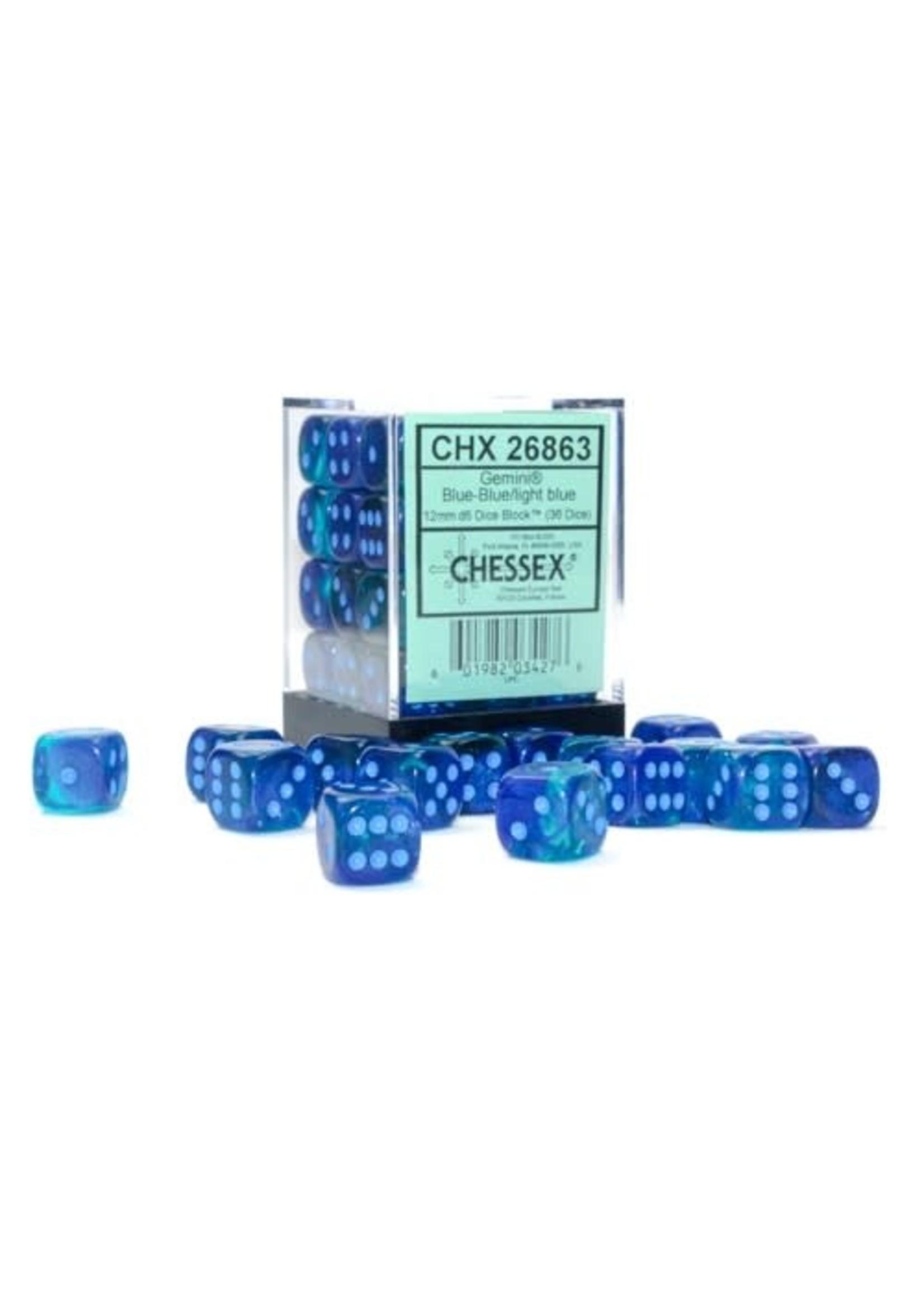 Chessex d6 Cube 12mm Gemini Luminary Blue-Blue w/ Light Blue (36)