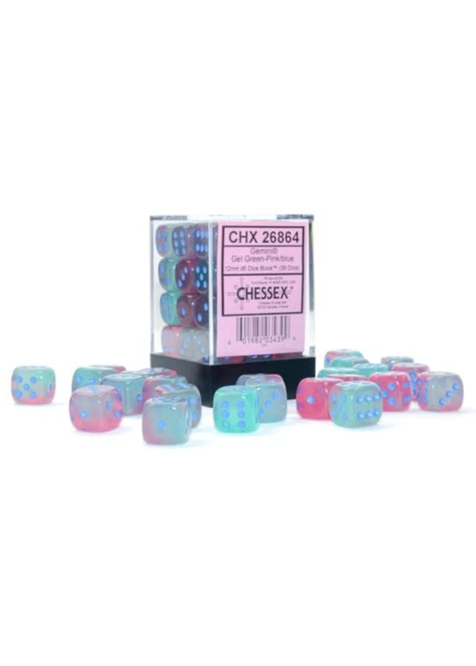 Chessex d6 Cube 12mm Gemini Luminary Gel Green and Pink w/ Blue (36)