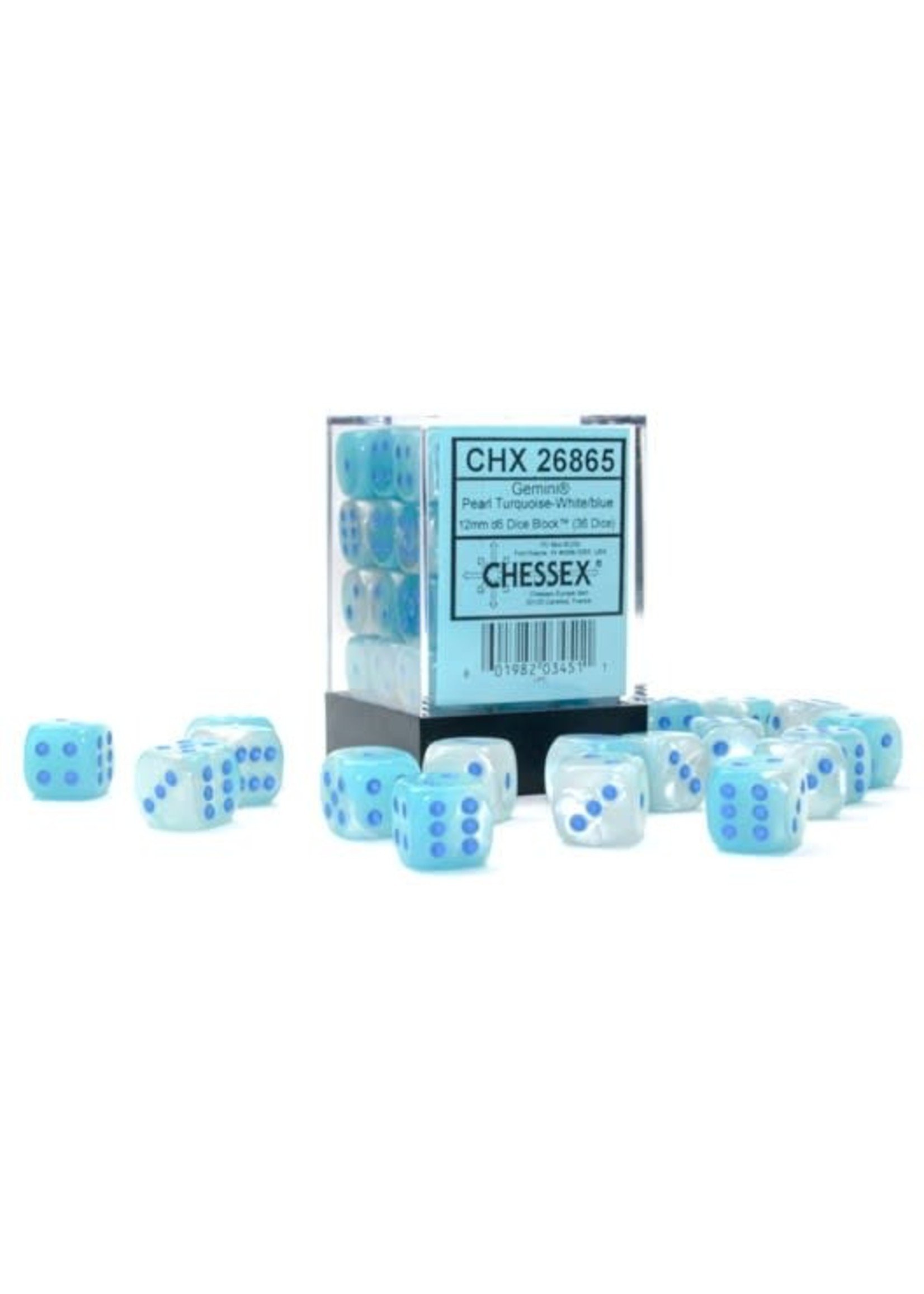 Chessex d6 Cube 12mm Gemini Luminary Pearl Turquoise and White w/ Blue (36)
