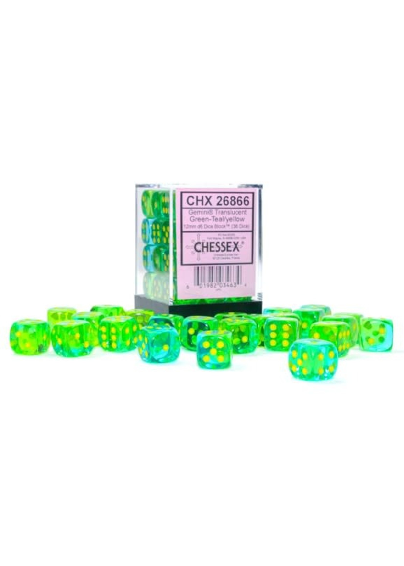 Chessex d6 Cube 12mm Gemini Translucent Green and Teal w/ yellow (36)
