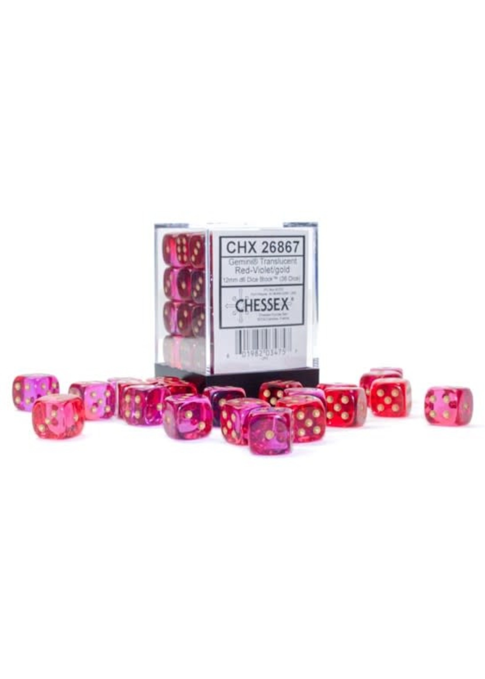 Chessex d6 Cube 12mm Gemini Translucent Red and Violet w/ gold (36)