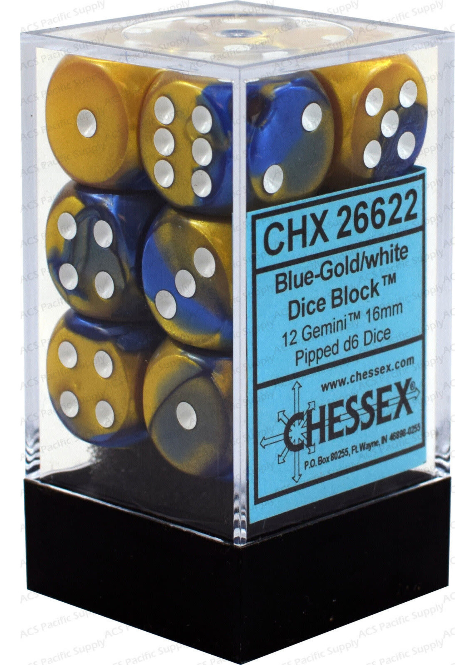 Chessex d6 Cube 16mm Gemini Blue & Gold w/ White (12)