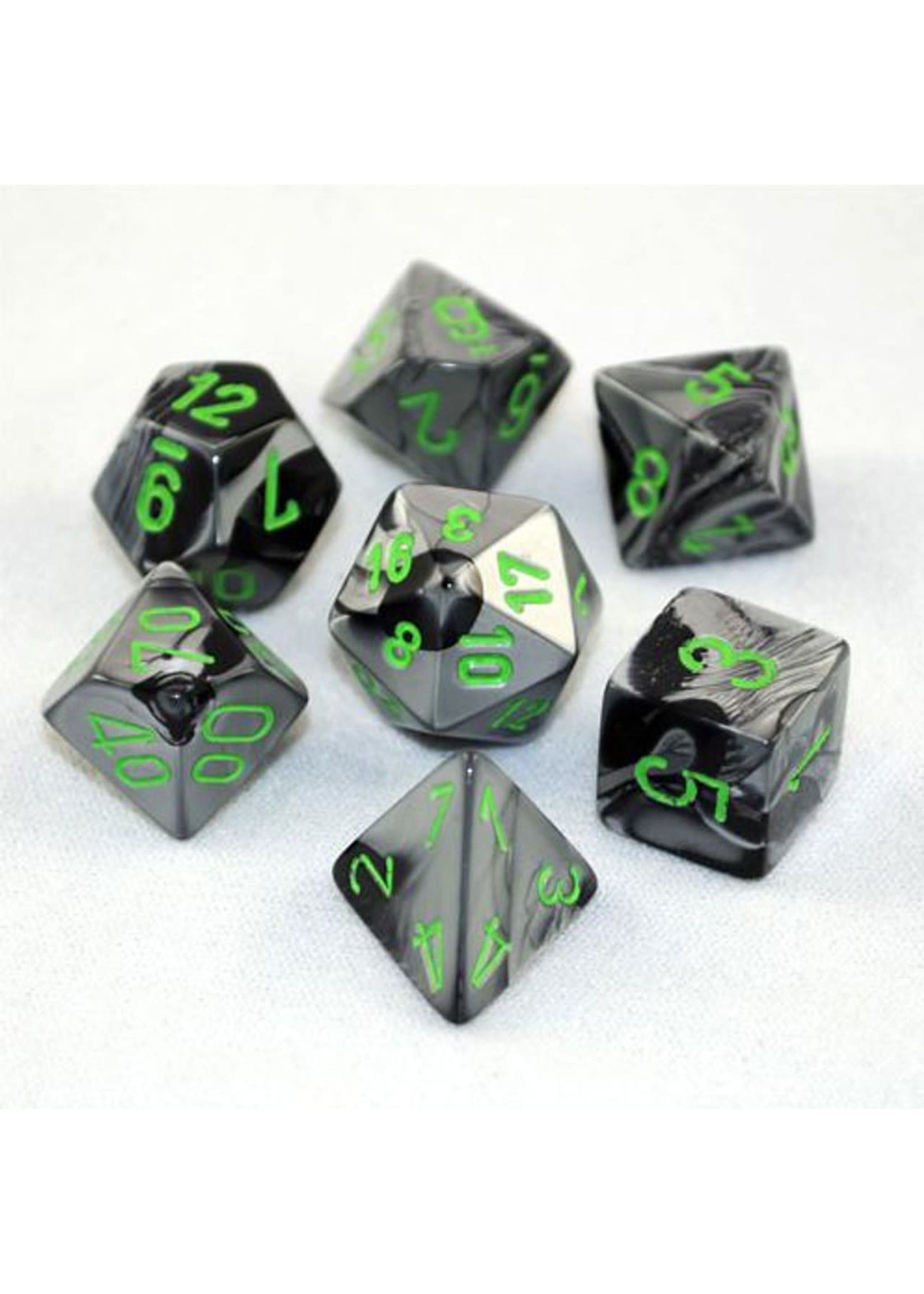 Chessex Gemini Mini 7 Set: Black and Grey w/ green