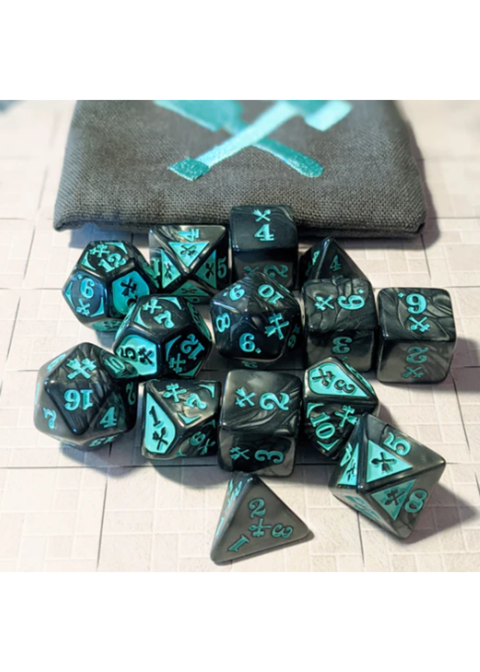 Gyld Bludgeoning Damage Dice - Marble Black with Teal (14)