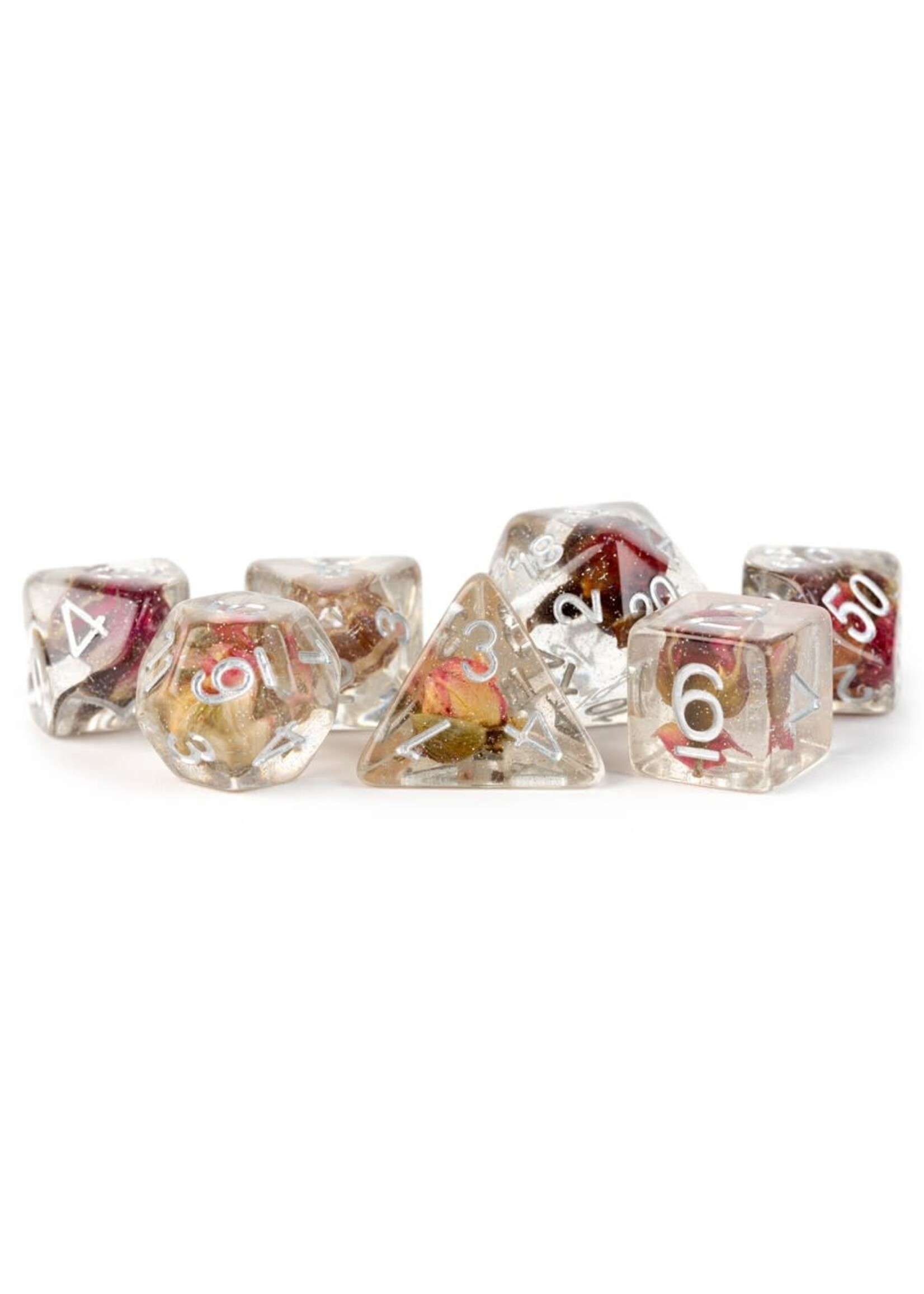 Metallic Dice Game 7-Set Dice w/ suspended Rose