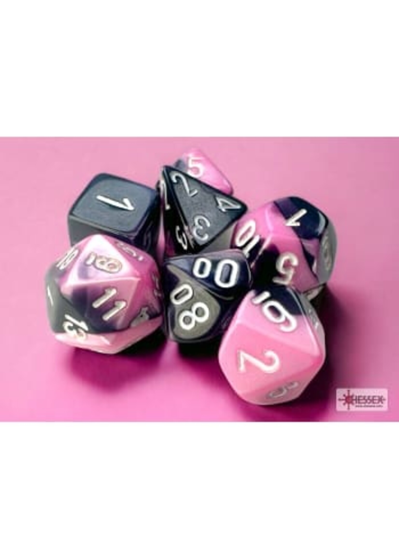 Chessex Gemini Mini 7 Set: Black & Pink w/ white