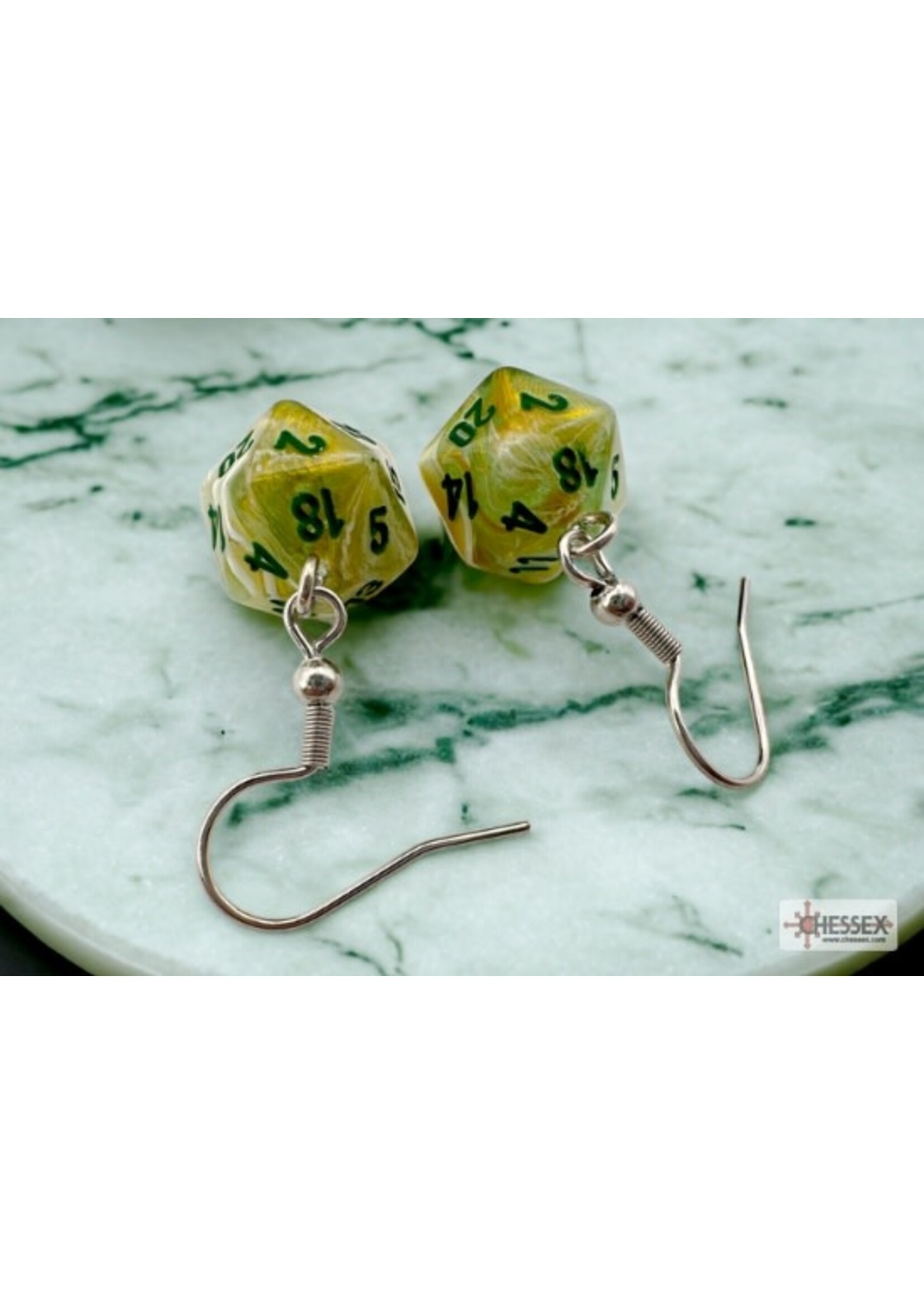 Chessex Hook Earrings Mini d20 - Marble Green