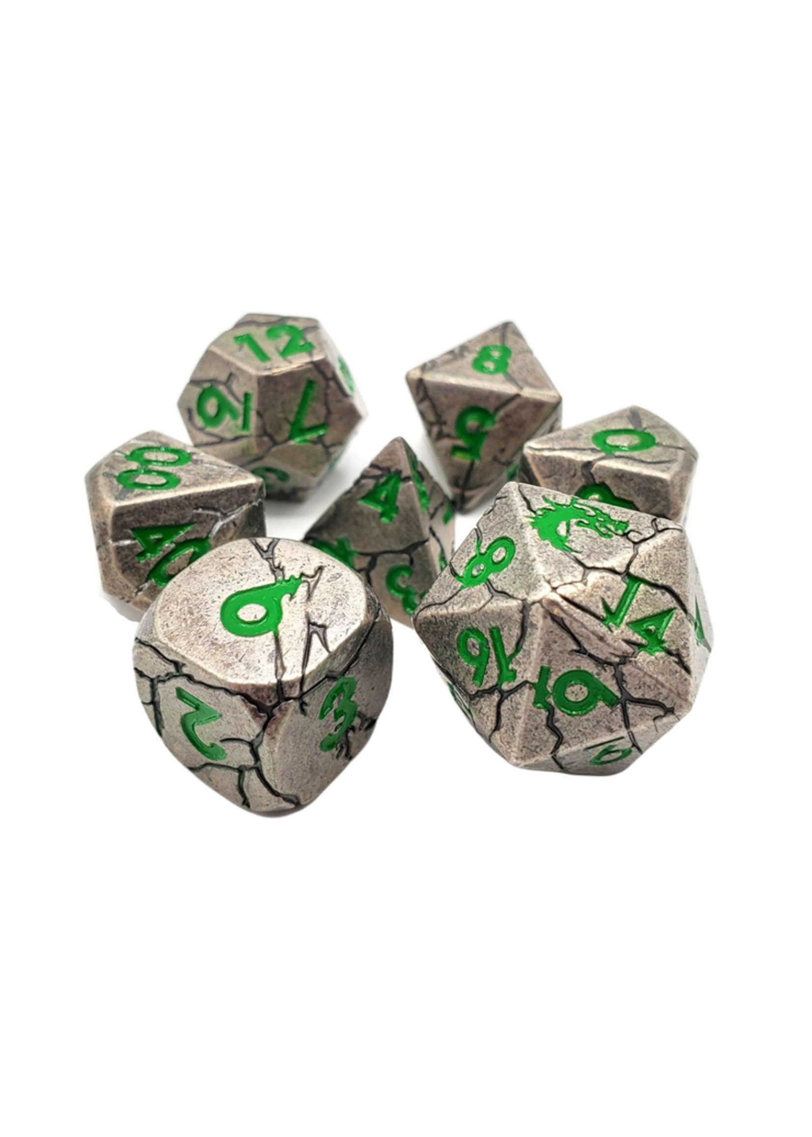 Old School Dice Old School 7 Piece RPG Metal Dice Set: Orc Forged -Ancient Silver w/ Green