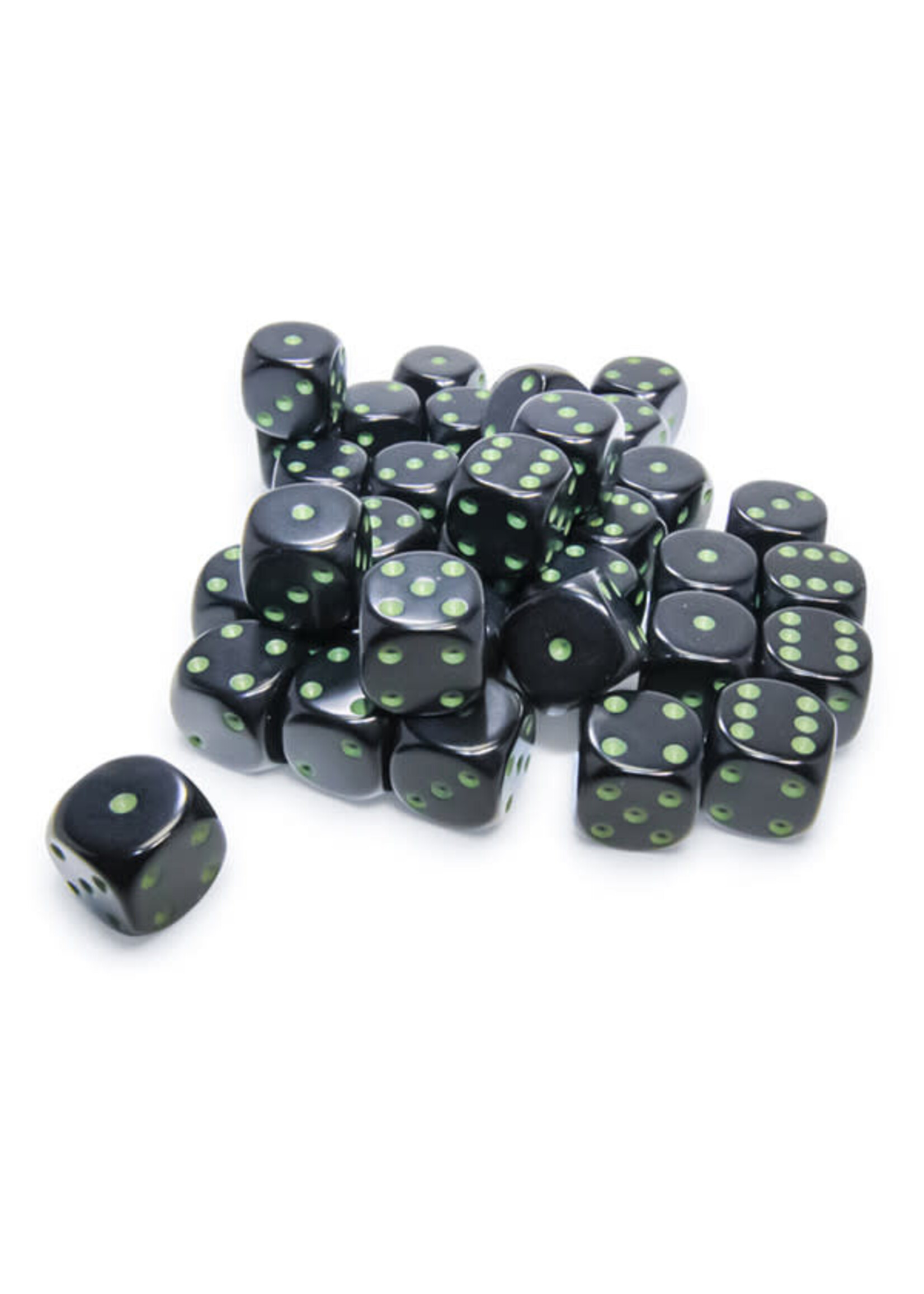Chessex d6 Cube 12mm Opaque Black with green (36)