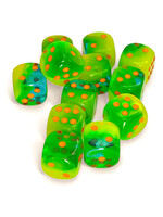 Chessex d6 Cube 16mm Gemini Plasma Luminary Green & Teal w/orange (12)