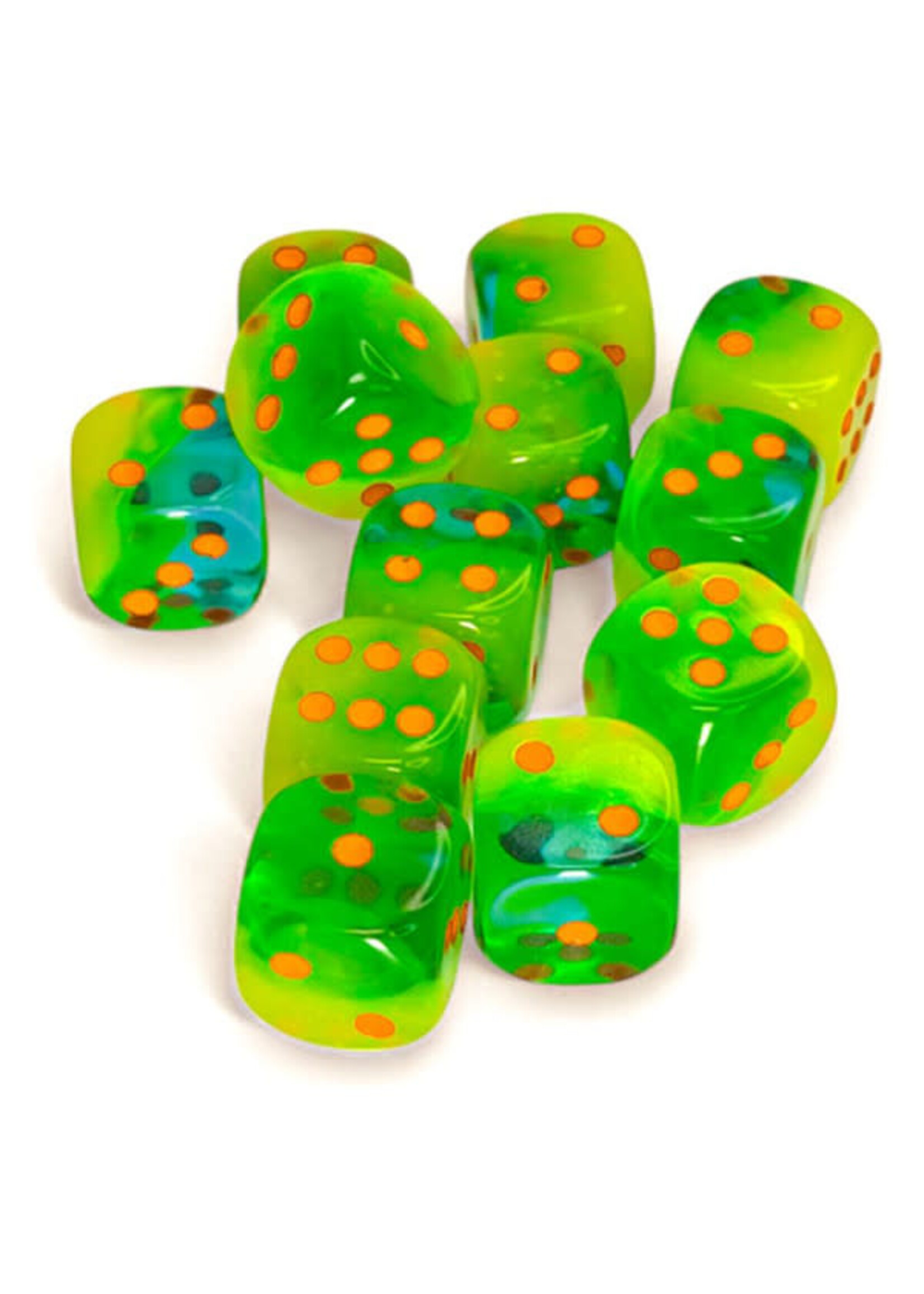 Chessex d6 Cube 16mm Gemini Plasma Luminary Green & Teal w/orange (12)