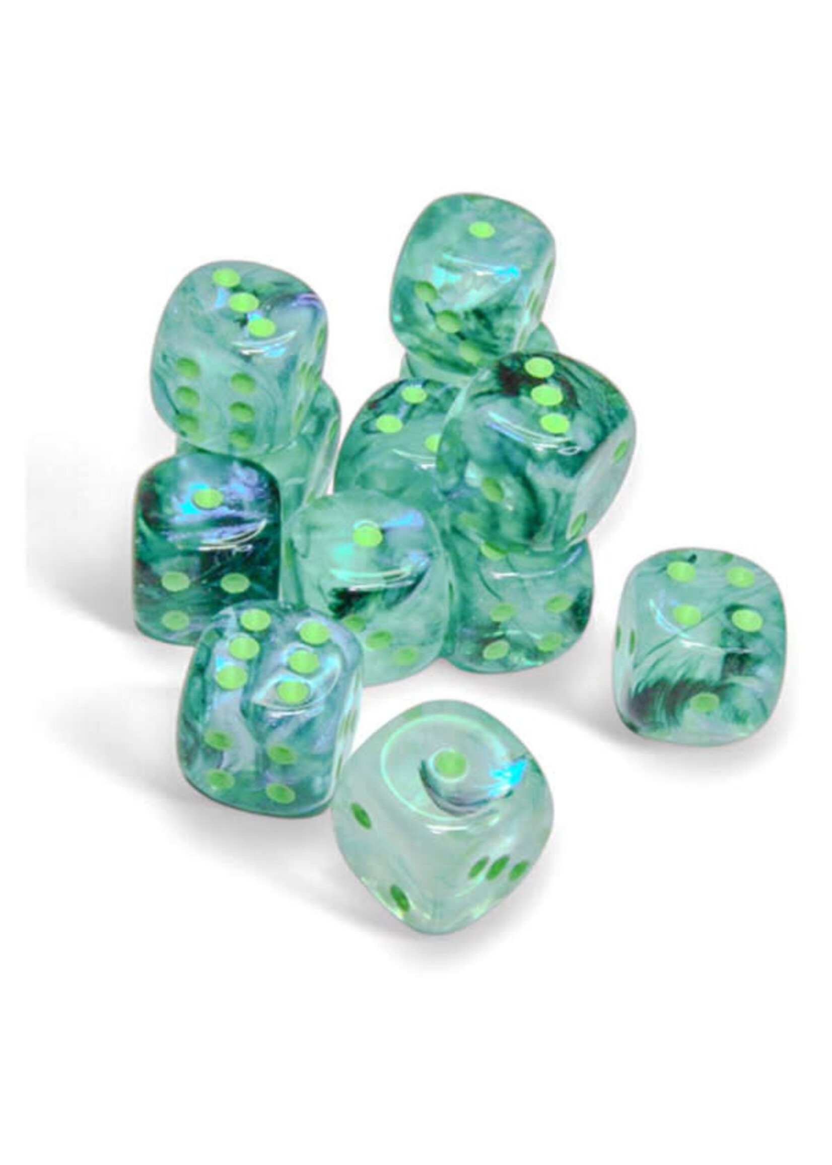 Chessex d6 Cube 16mm Borealis Luminary Kelp w/ light green (12)