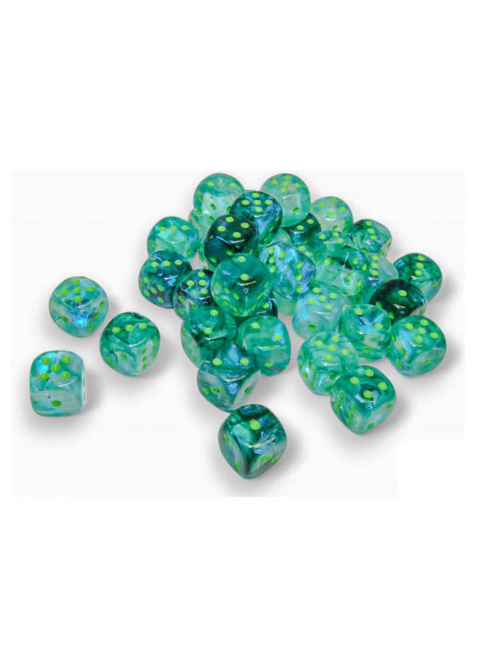Chessex d6 Cube 12mm Borealis Luminary Kelp w/ light green (36)