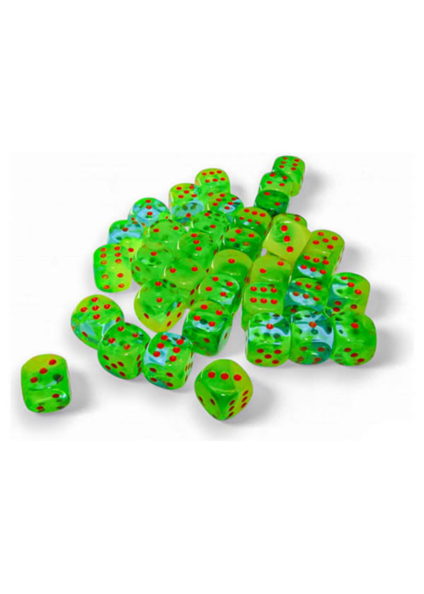 Chessex d6 Cube 12mm Gemini Luminary Green-Teal w/ orange (36)