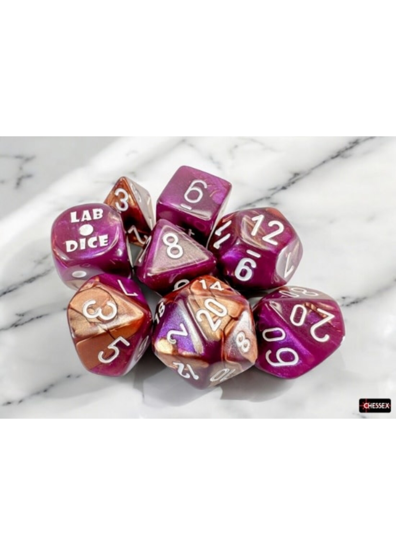 Chessex Lab Dice 9: Gemini Copper-Purple/white Polyhedral 7-Die Set (with bonus die)