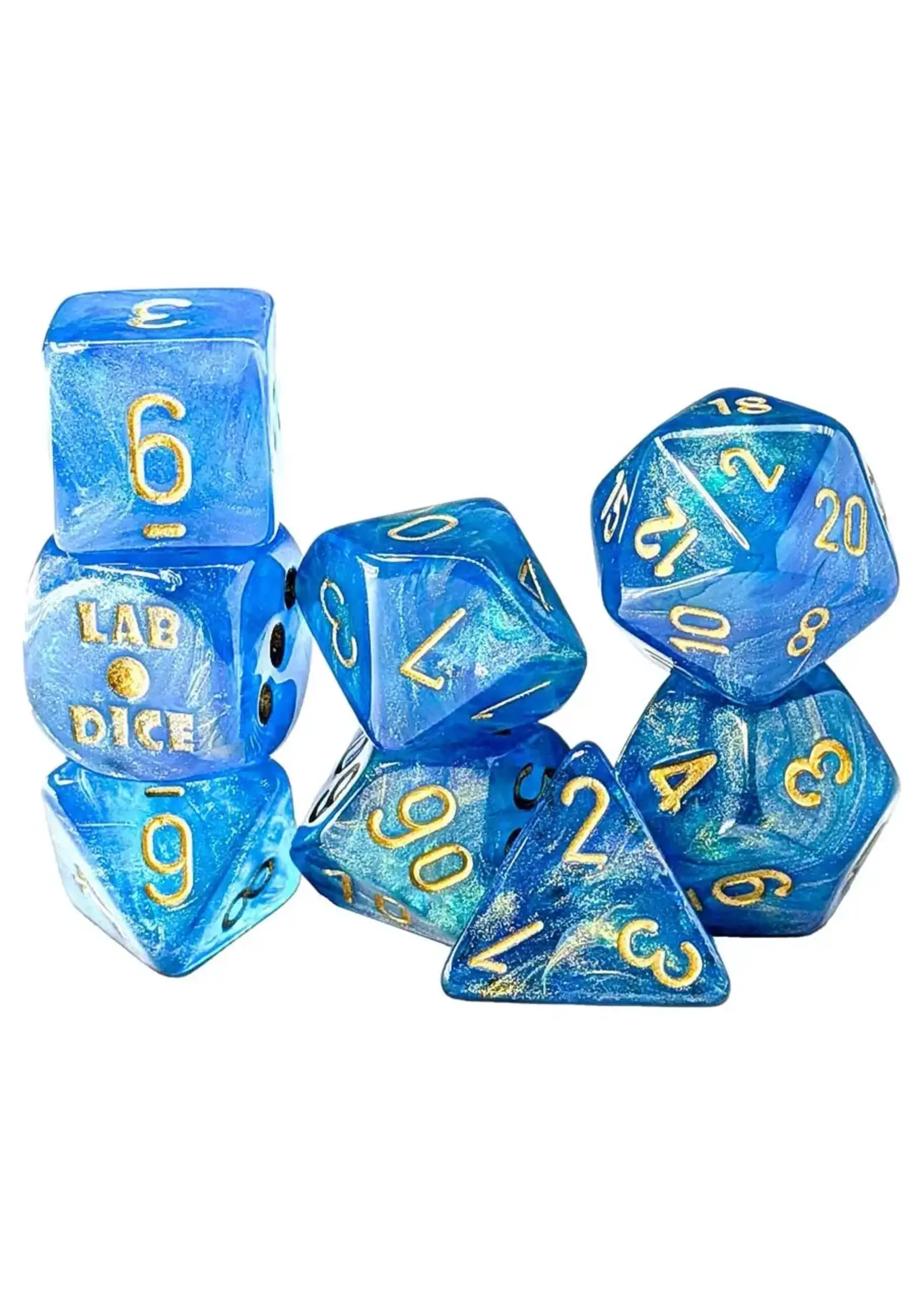 Chessex Lab Dice Shimmer Poly 7 set: Aqueous w/ gold