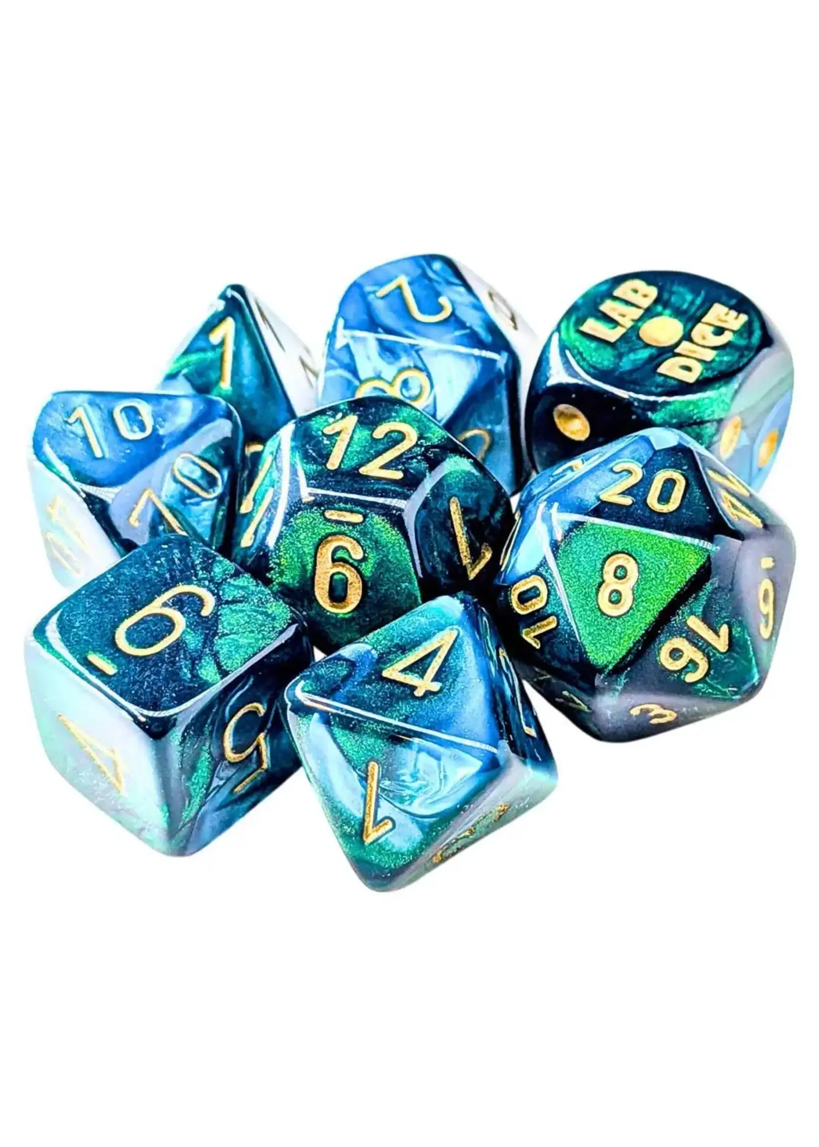 Chessex Lab Dice Gemini Poly 7 set: Green & Teal w/ gold