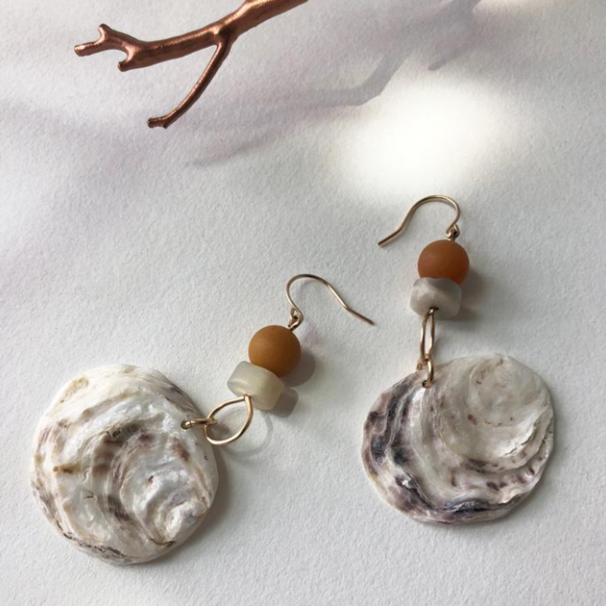 Bopbe Jewelry Oyster, Moonstone + Yellow Jade or Riverstone Earring -