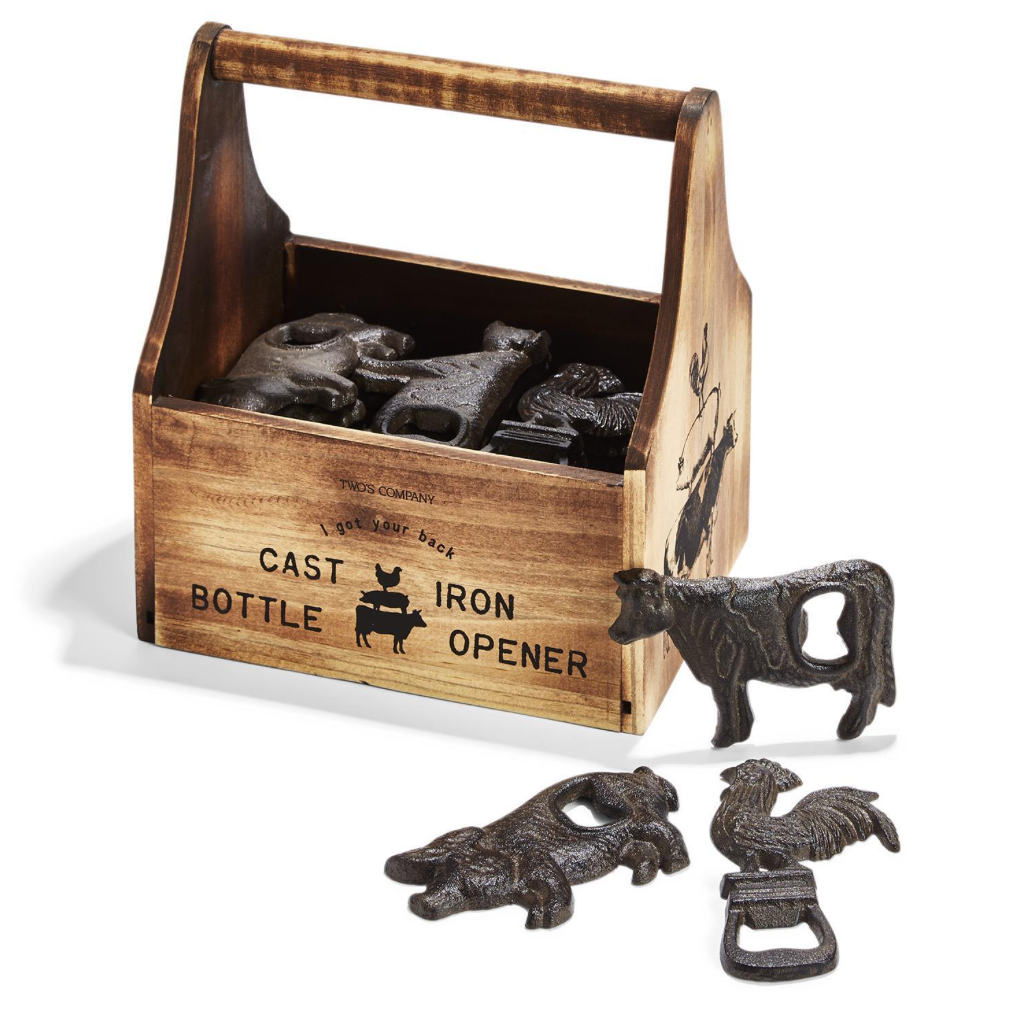 Two's Company Cast Iron Bottle Opener in Wooden Display