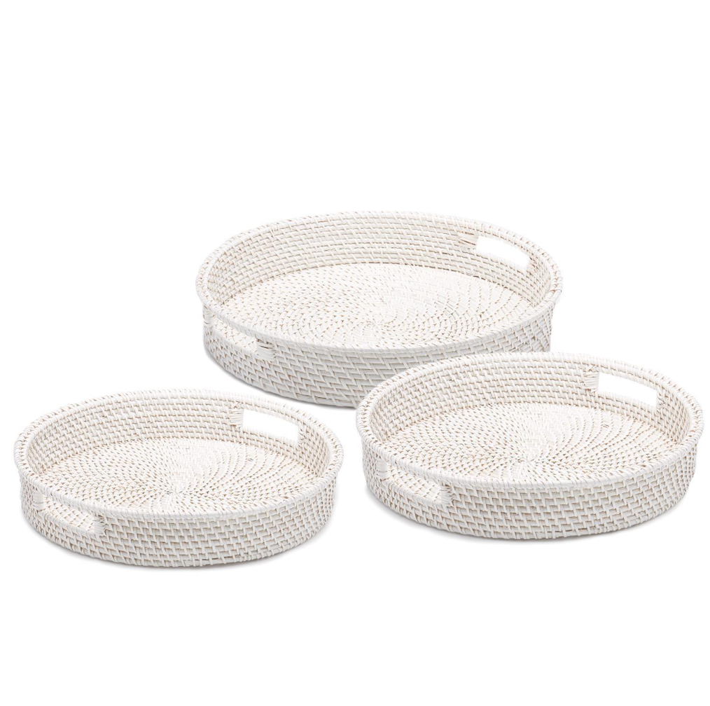 Two's Company White Rattan Round Tray Large