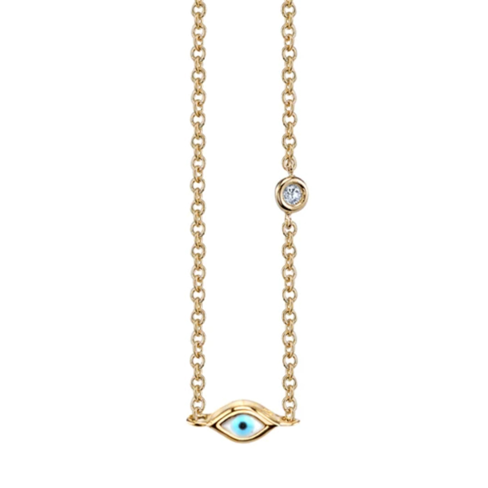 Sydney Evan Gold Mini Enamel Evil Eye Necklace w Bezel Set Diamond