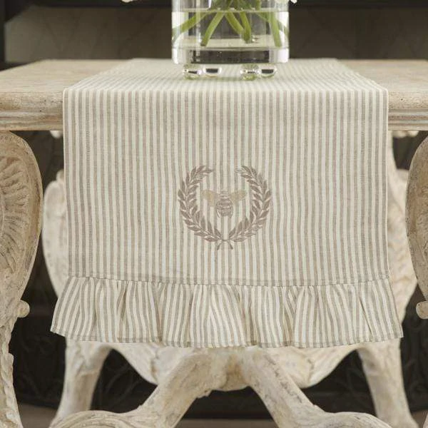 Crown Linen Designs Bumble Bee Stripe Linen Table Runner: Flax Stripe (Taupe) / 90"