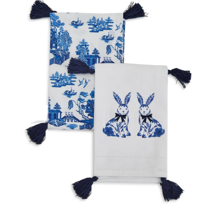 Two's Company Blue and White Dish Towels/ Tassels
