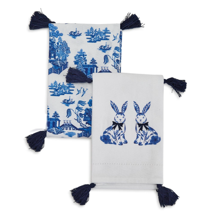 Two's Company Blue and White Dish Towels/ Tassels