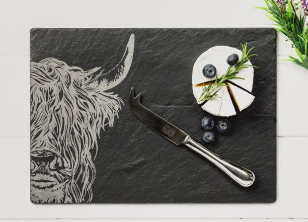 Selbrae House Highland Cow Slate Cheese Board and Knife Set