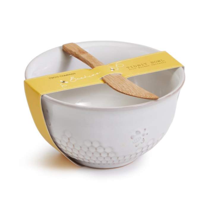 Two's Company Bee Honeycomb Tidbit Bowl with Spreader