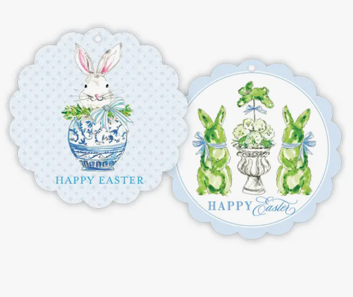 RosanneBeck Collections Happy Easter Bunny in Chinoiserie Pot Scalloped Gift Tags