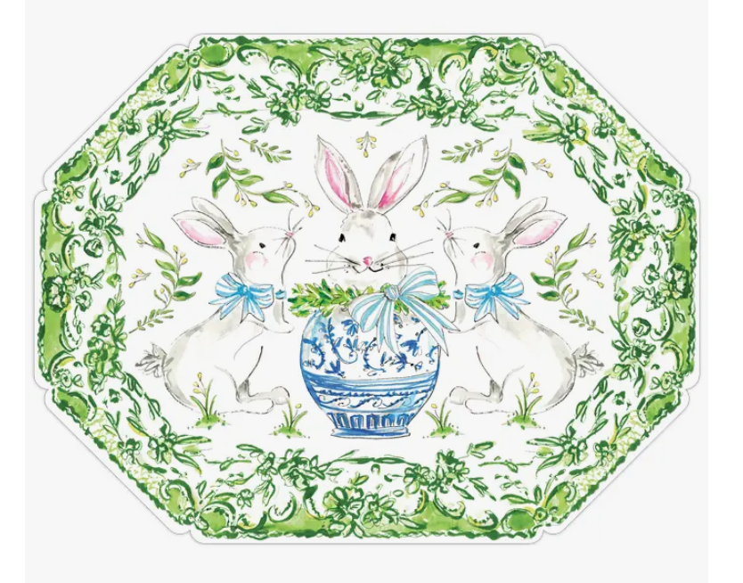 RosanneBeck Collections Handpainted Bunny in Chinoiserie Pot Posh Die-Cut Placemat